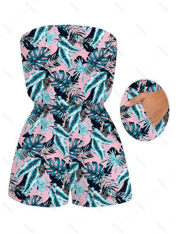 Hawaiian Vacation Couple Outfit Tropical Palm Leaf Print Pocket Off the Shoulder Romper and Drawstring Beach Shorts Set - Rose S | US 4