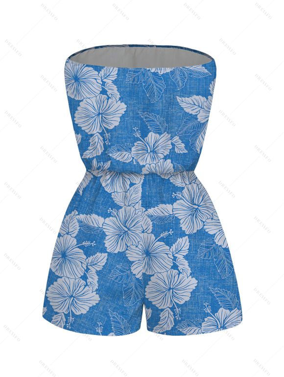 Hawaiian Vacation Couple Outfit Hibiscus Floral Leaf Print Pocket Off the Shoulder Romper and Shirt Set - Bleu Toile de Jean S | US 4