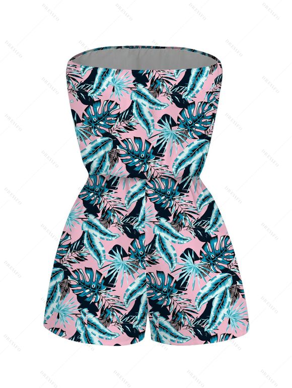 Hawaiian Vacation Couple Outfit Tropical Palm Leaf Print Pocket Off the Shoulder Romper and Drawstring Beach Shorts Set - Rose S | US 4