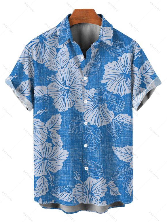 Hawaiian Vacation Couple Outfit Hibiscus Floral Leaf Print Pocket Off the Shoulder Romper and Shirt Set - Bleu Toile de Jean S | US 4