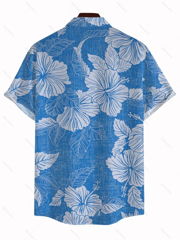 Hawaiian Vacation Couple Outfit Hibiscus Floral Leaf Print Pocket Off the Shoulder Romper and Shirt Set - Bleu Toile de Jean S | US 4