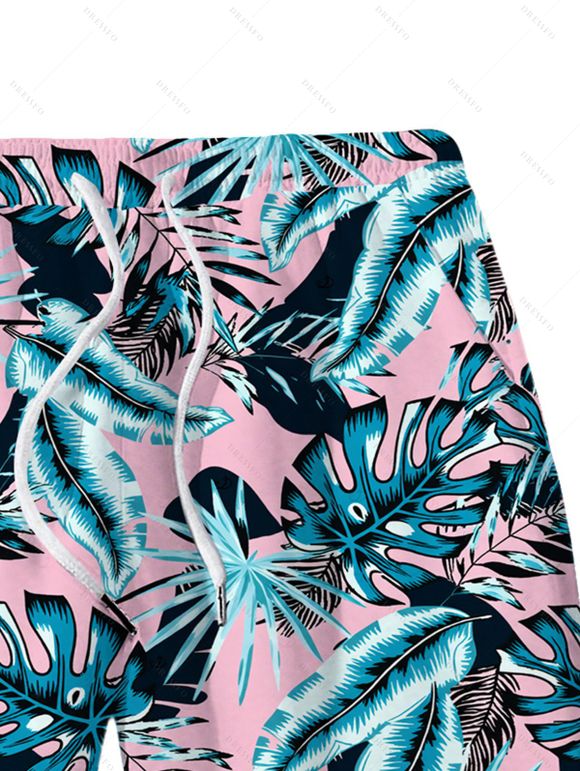 Hawaiian Vacation Couple Outfit Tropical Palm Leaf Print Pocket Off the Shoulder Romper and Drawstring Beach Shorts Set - Rose S | US 4
