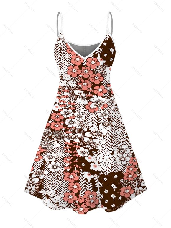 Hawaiian Vintage Couple Outfit Allover Ditsy Floral Leaf Print Spaghetti Strap Mini Dress and Shirt Set - Brun S | US 4