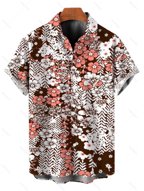 Hawaiian Vintage Couple Outfit Allover Ditsy Floral Leaf Print Spaghetti Strap Mini Dress and Shirt Set - Brun S | US 4