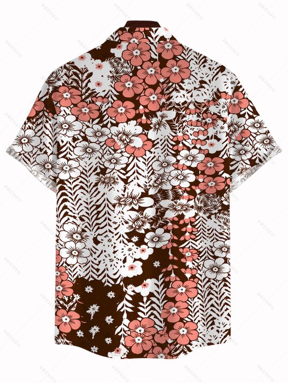 Hawaiian Vintage Couple Outfit Allover Ditsy Floral Leaf Print Spaghetti Strap Mini Dress and Shirt Set - Brun S | US 4