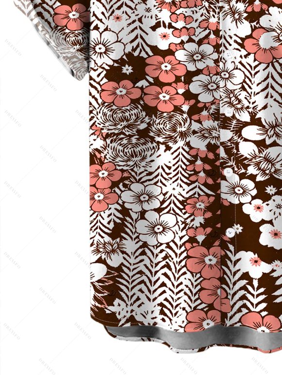 Hawaiian Vintage Couple Outfit Allover Ditsy Floral Leaf Print Spaghetti Strap Mini Dress and Shirt Set - Brun S | US 4