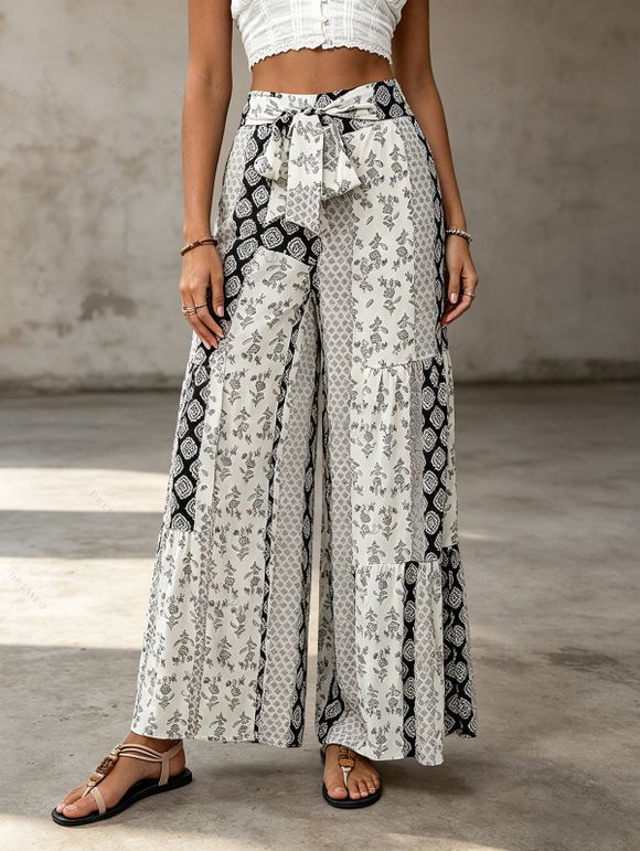 Bohemian Vacation Pants Geometric Print Tied High Waist Wide Leg Pants - multicolor XL | US 12