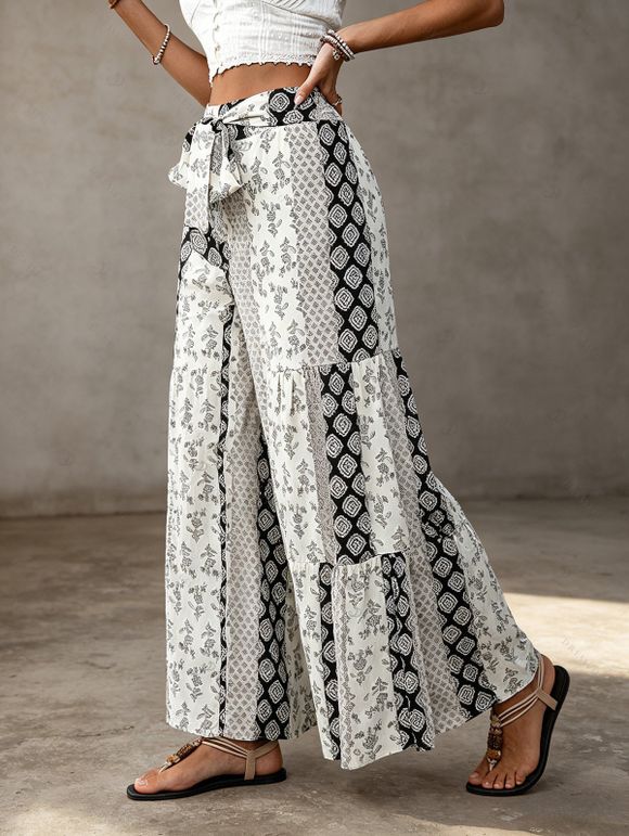 Bohemian Vacation Pants Geometric Print Tied High Waist Wide Leg Pants - multicolor XL | US 12