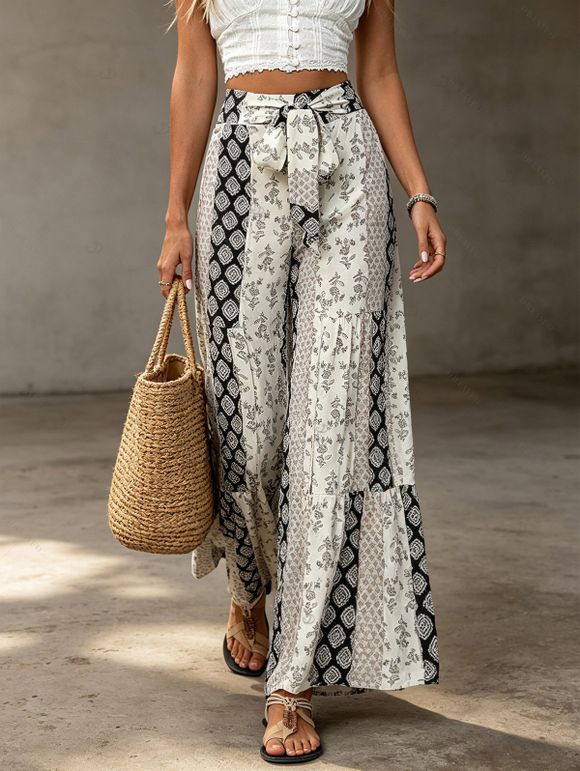 Bohemian Couple Outfit Solid Color Textured Mock Button Padded Cropped Tank Top and Geometric Print Tied Wide Leg Pants Set - multicolor S | US 4