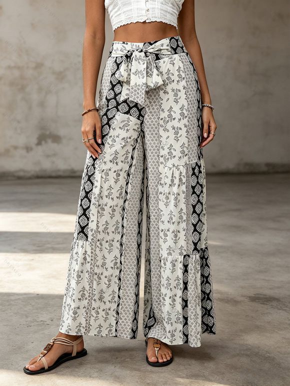 Bohemian Couple Outfit Solid Color Textured Mock Button Padded Cropped Tank Top and Geometric Print Tied Wide Leg Pants Set - multicolor S | US 4