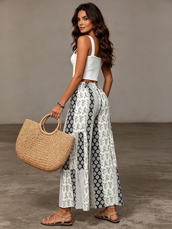 Bohemian Couple Outfit Solid Color Textured Mock Button Padded Cropped Tank Top and Geometric Print Tied Wide Leg Pants Set - multicolor S | US 4