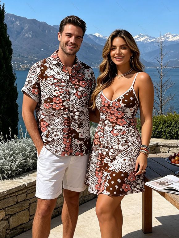 Hawaiian Vintage Couple Outfit Allover Ditsy Floral Leaf Print Spaghetti Strap Mini Dress and Shirt Set - Brun S | US 4