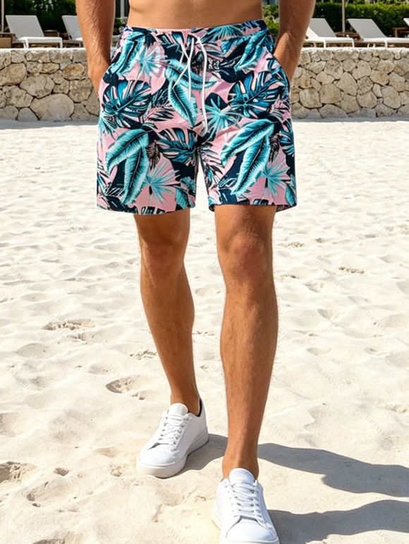 Hawaiian Vacation Couple Outfit Tropical Palm Leaf Print Pocket Off the Shoulder Romper and Drawstring Beach Shorts Set - Rose S | US 4