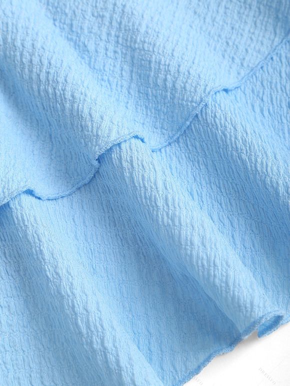 Vacation Dress Solid Color Textured Twisted Ruched Bust Layered Flounce High Waist Mini Dress - LIGHT BLUE XXL | US 14