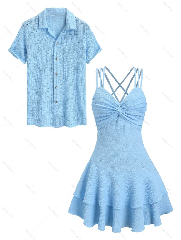 Vacation Couple Outfit Solid Color Textured Twisted Ruched Bust Layered Flounce Dress and Textured Shirt Set - Bleu clair S | US 4
