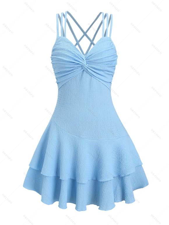 Vacation Couple Outfit Solid Color Textured Twisted Ruched Bust Layered Flounce Dress and Textured Shirt Set - Bleu clair S | US 4