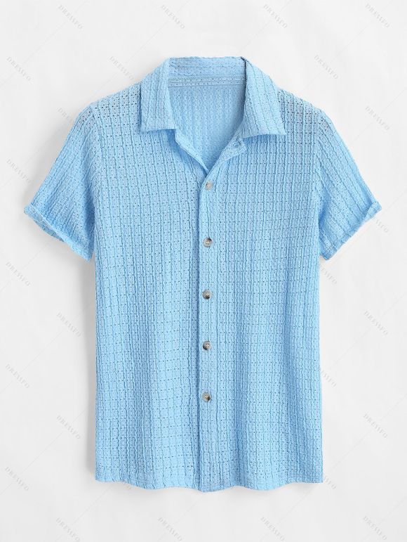 Vacation Couple Outfit Solid Color Textured Twisted Ruched Bust Layered Flounce Dress and Textured Shirt Set - Bleu clair S | US 4
