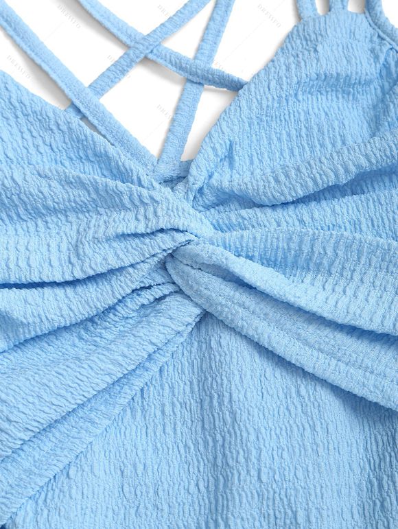 Vacation Couple Outfit Solid Color Textured Twisted Ruched Bust Layered Flounce Dress and Textured Shirt Set - Bleu clair S | US 4