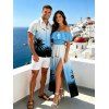 Vacation Couple Outfit Coconut Tree Seagulls Print Ombre Flounce Off the Shoulder Smocked Slit Dress and Shirt Set - Bleu Ciel S | US 4