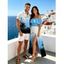 Vacation Couple Outfit Coconut Tree Seagulls Print Ombre Flounce Off the Shoulder Smocked Slit Dress and Shirt Set - Bleu Ciel S | US 4