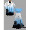 Vacation Couple Outfit Coconut Tree Seagulls Print Ombre Flounce Off the Shoulder Smocked Slit Dress and Shirt Set - Bleu Ciel S | US 4