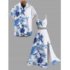 Hawaiian Vacation Couple Outfit Tropical Flower Monstera Leaf Print Lace Hollow Out Slit Dress and Shirt Set - Bleu Ciel S | US 4