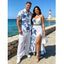 Hawaiian Vacation Couple Outfit Tropical Flower Monstera Leaf Print Lace Hollow Out Slit Dress and Shirt Set - Bleu Ciel S | US 4
