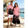 Beach Vacation Couple Outfit Coconut Tree Print Ombre Flutter Sleeve V Neck Slit Dress and Shirt Set - Rose S | US 4