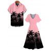 Beach Vacation Couple Outfit Coconut Tree Print Ombre Flutter Sleeve V Neck Slit Dress and Shirt Set - Rose S | US 4