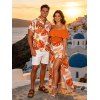Vacation Couple Outfit Tropical Monstera Leaf Print Flounce Off the Shoulder Smocked Slit Dress and Shirt Set - Orange S | US 4