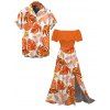 Vacation Couple Outfit Tropical Monstera Leaf Print Flounce Off the Shoulder Smocked Slit Dress and Shirt Set - Orange S | US 4