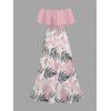 Vacation Couple Outfit Tropical Monstera Leaf Print Flounce Off the Shoulder Smocked Slit Dress and Shirt Set - Rose S | US 4
