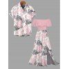 Vacation Couple Outfit Tropical Monstera Leaf Print Flounce Off the Shoulder Smocked Slit Dress and Shirt Set - Rose S | US 4
