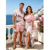 Vacation Couple Outfit Tropical Monstera Leaf Print Flounce Off the Shoulder Smocked Slit Dress and Shirt Set - Rose S | US 4