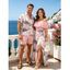 Vacation Couple Outfit Tropical Monstera Leaf Print Flounce Off the Shoulder Smocked Slit Dress and Shirt Set - Orange S | US 4