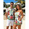 Vacation Couple Outfit Vintage Floral Leaf Peacock Ethnic Print Pocket Off the Shoulder Romper and Shirt Set - Beige S | US 4