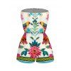 Vacation Couple Outfit Vintage Floral Leaf Peacock Ethnic Print Pocket Off the Shoulder Romper and Shirt Set - Beige S | US 4