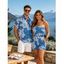 Hawaiian Vacation Couple Outfit Hibiscus Floral Leaf Print Pocket Off the Shoulder Romper and Shirt Set - Bleu Toile de Jean S | US 4