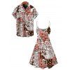 Hawaiian Vintage Couple Outfit Allover Ditsy Floral Leaf Print Spaghetti Strap Mini Dress and Shirt Set - Brun S | US 4