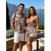 Hawaiian Vintage Couple Outfit Allover Ditsy Floral Leaf Print Spaghetti Strap Mini Dress and Shirt Set - Brun S | US 4