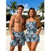 Hawaiian Vacation Couple Outfit Tropical Palm Leaf Print Pocket Off the Shoulder Romper and Drawstring Beach Shorts Set - Rose S | US 4