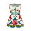 Vacation Romper Vintage Floral Leaf Peacock Ethnic Print Pocket Off the Shoulder Romper - Beige XL | US 12