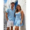 Vacation Couple Outfit Solid Color Textured Twisted Ruched Bust Layered Flounce Dress and Textured Shirt Set - Bleu clair S | US 4