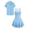 Vacation Couple Outfit Solid Color Textured Twisted Ruched Bust Layered Flounce Dress and Textured Shirt Set - Bleu clair S | US 4
