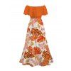 Vacation Dress Tropical Monstera Leaf Print Flounce Off the Shoulder Smocked Slit Dress - Orange XXL | US 14