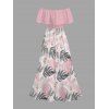 Vacation Dress Tropical Monstera Leaf Print Flounce Off the Shoulder Smocked Slit Dress - Rose XXL | US 14