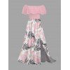 Vacation Dress Tropical Monstera Leaf Print Flounce Off the Shoulder Smocked Slit Dress - Rose XXL | US 14