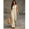 Vacation Wide Leg Jumpsuit Minimalist Solid Color Button Front Pocket Smocked Halter Jumpsuit - café lumière XL | US 12