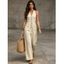 Vacation Wide Leg Jumpsuit Minimalist Solid Color Button Front Pocket Smocked Halter Jumpsuit - café lumière XL | US 12