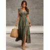 Vintage Dress Solid Color Ruffle Cap Sleeve Tired Maxi Self-belted Slit Dress - PLANT GREEN XL | US 12